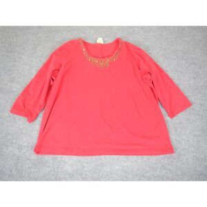 Ruby Rd. Embellished  Blouse Top Plus Size 2X Red Long‎ Sleeve Gold Beaded *